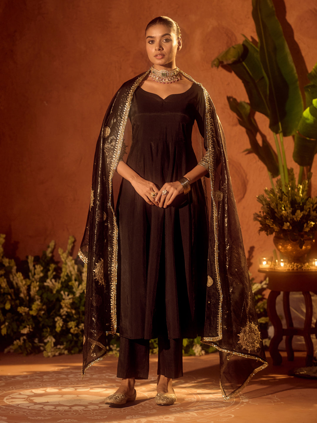 FIORRA Women’s Black Viscose Chanderi Embroidered Ethnic Anarkali Kurta Set with Dupatta